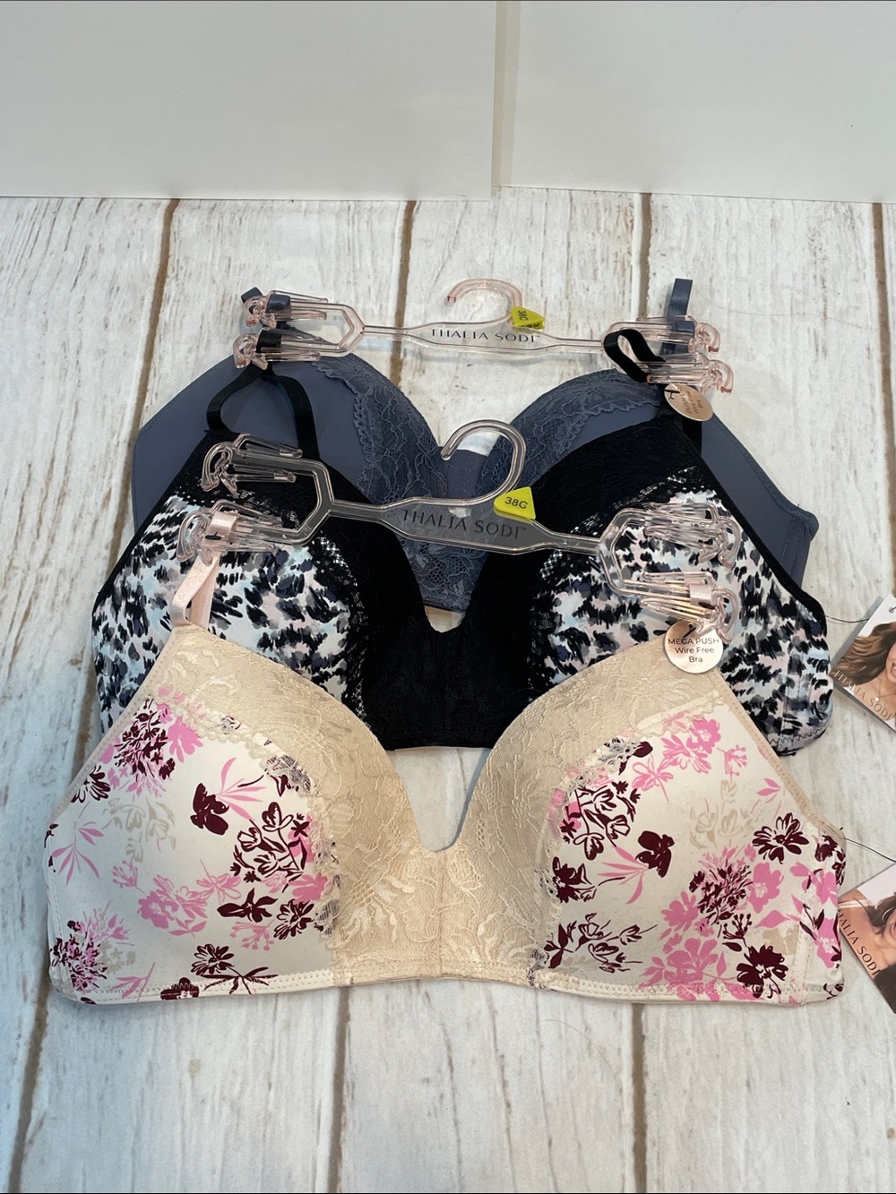 NEW 38C Push Up Bras Lot of 3 Thalia Sodi Intimates Wire Free Blue Black Floral